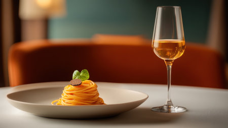An exquisite gourmet pasta dish garnished with fresh basil and truffle, paired with an elegant glass of wine, creating a refined dining experience.の素材