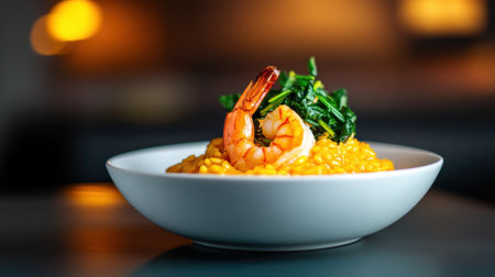 A beautifully presented risotto dish featuring succulent shrimp and fresh greens, perfect for enticing food lovers in a cozy restaurant atmosphere.の素材