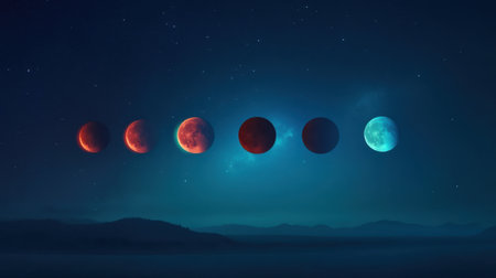 Experience the mesmerizing transformation of the moon from a vibrant blood moon to a serene full moon, set against a tranquil night landscape filled with stars.の素材