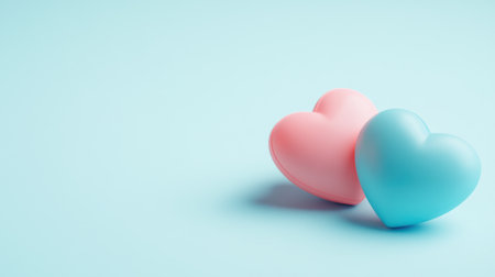Two pastel hearts in blue and pink sit on a soft blue background, symbolizing love, affection, and harmony, perfect for creative design projects and themed events.の素材