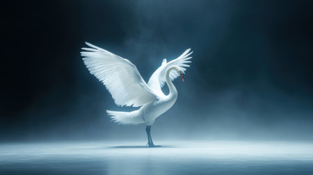 A stunning image of a white swan with wings extended, surrounded by soft mist. This capture embodies tranquility and elegance, showcasing the beauty of nature.の素材