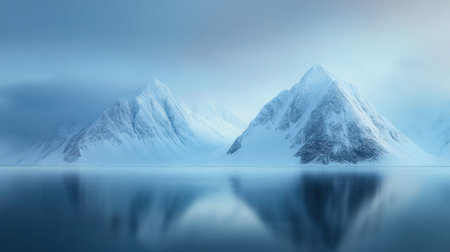 Discover the beauty of majestic snow-capped mountains reflected in serene water, enveloped in a soft blue atmosphere, capturing the tranquility of nature.の素材