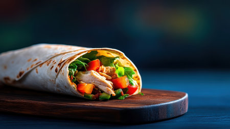 A vibrant chicken wrap filled with fresh vegetables, perfect for healthy eating. The wrap is set on a wooden board, creating an inviting food presentation.の素材