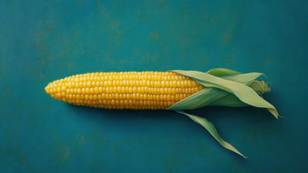 A stunning image of fresh yellow corn on a teal backdrop, highlighting its natural beauty and ideal for culinary, agriculture, and wellness themes.の素材
