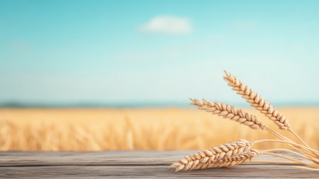 A serene image of golden wheat ears resting on a wooden table, contrasted by a blurred rural landscape under a clear blue sky, symbolizing agriculture and natureの素材