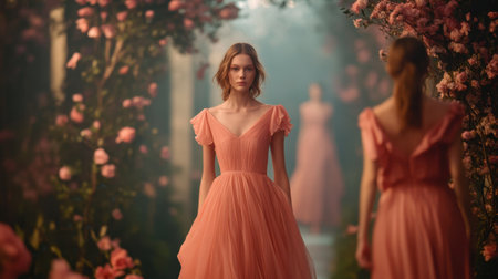 A stunning model showcases a flowing coral dress amidst a lush rose garden, enveloped in soft light, creating an enchanting and dreamy atmosphere perfect for fashion lovers.の素材