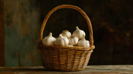 A beautiful arrangement of freshly harvested garlic bulbs in a rustic woven basket, showcasing the essence of culinary traditions and healthy cooking.の素材