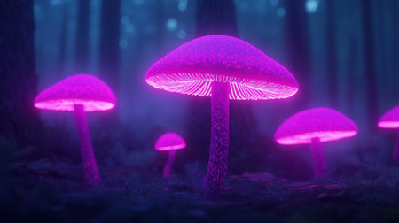 Enchanting scene showcasing vibrant neon mushrooms glowing in a mystical forest at night. This dreamy landscape offers a unique glimpse into nature's beauty and wonders.の素材