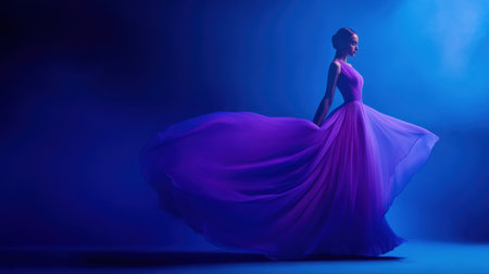A graceful woman dances in a stunning purple gown, illuminated by soft blue light, creating an enchanting and dreamy atmosphere perfect for artistic projects.の素材