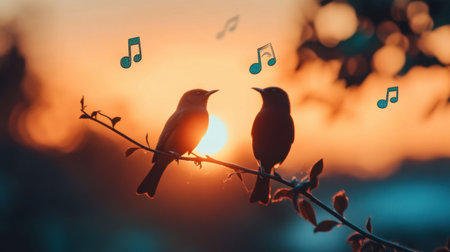 Captivating scene of two birds perched together on a branch during a stunning sunset, accompanied by whimsical musical notes enhancing the peaceful mood in nature.の素材
