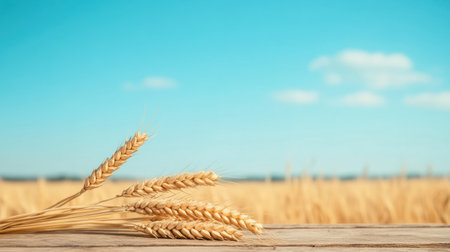 A picturesque scene featuring golden wheat stalks on a rustic wooden surface. The background shows a blue sky with few clouds and a blurred wheat field, evoking tranquility.の素材