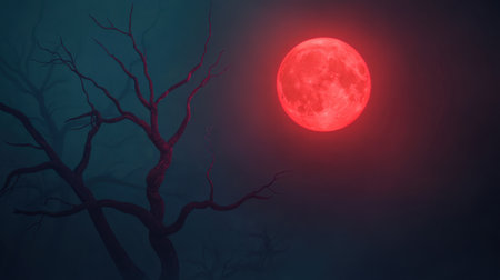 A captivating scene featuring a vibrant red moon illuminating a foggy night sky, silhouetted by dark branches. This atmospheric composition evokes mystery and intrigue.の素材