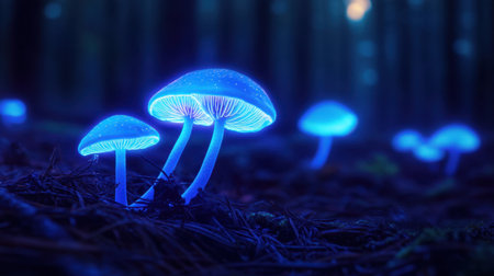 A mesmerizing scene featuring glowing mushrooms in a dark forest, radiating blue light under the moonlight, perfect for fantasy and nature themes.の素材