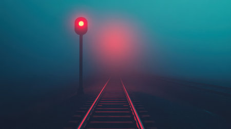 Capturing a moody scene of foggy railroad tracks, this image features a bright red signal light. The ethereal atmosphere evokes suspense and solitude, perfect for various themes.の素材