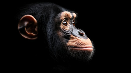 This captivating portrait features a young chimpanzee's profile, showcasing its expressive features against a dark background, highlighting the beauty of nature and wildlife.の素材