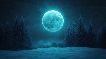Captivating winter night scene featuring a full moon casting a tranquil glow over snow-covered ground and majestic pine trees, creating a serene and magical atmosphere.の素材