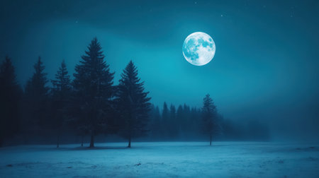 A stunning winter nightscape featuring a luminous full moon above a serene landscape of snow-laden trees, creating an atmospheric scene filled with tranquility and beauty.の素材