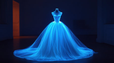 Stunning blue gown glows in a dark space, creating a magical atmosphere with flowing light trails. An enchanting visual for fashion and elegance enthusiasts.の素材