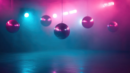 A captivating scene featuring shimmering disco balls suspended in a vibrant nightclub filled with colorful light and a mystical haze, perfect for evoking a festive atmosphere.の素材
