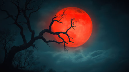 This striking image captures a blood moon casting a haunting red glow over a dark, eerie landscape with gnarled tree branches silhouetted against the spectral sky.の素材