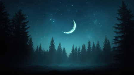 A captivating night scene featuring a crescent moon that bathes a forest in soft light. The starry sky creates a serene atmosphere perfect for relaxation and inspiration.の素材