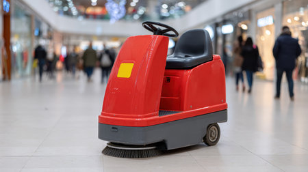 A vibrant red and gray floor scrubber machine stands prominently in a bustling shopping mall. This machine represents effective indoor cleaning, ensuring a hygienic environment for shoppers amidst a busy retail backdrop.の素材