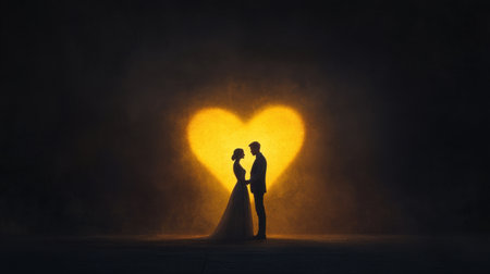 A stunning silhouette of a couple in love, framed by a glowing heart shape in a dark ambiance, perfect for capturing the essence of romance and connection.の素材