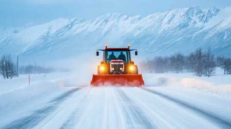 A snowplow tractor navigates through a winter wonderland, efficiently clearing a snowy road with majestic mountains rising in the background under a clear sky.の素材