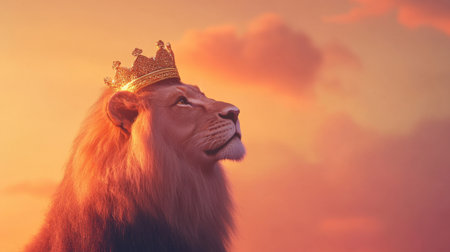 A majestic lion sits proudly wearing a crown, embodying the essence of royalty against a breathtaking sunset. The scene captures beauty and power.の素材