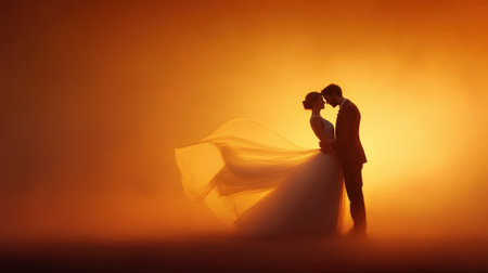 Stunning silhouette of a bride and groom captured in a romantic embrace against a vibrant orange backdrop, showcasing the beauty of love and celebration on their special day.の素材