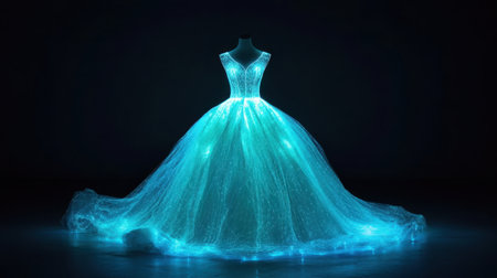 A stunning gown radiates soft blue lights, creating an enchanting and ethereal aesthetic. Ideal for fashion, conceptual art, or creative projects that inspire magic.の素材