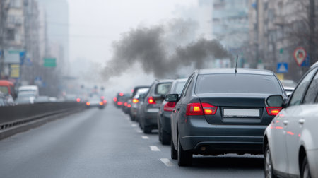 A busy city street filled with cars stuck in traffic, with noticeable exhaust smoke rising, highlighting urban pollution and environmental challenges.の素材