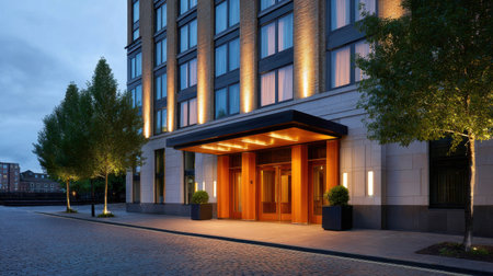 A striking modern hotel entrance showcases a beautifully lit facade, framed by elegant trees and contemporary landscaping, creating an inviting atmosphere at dusk.の素材