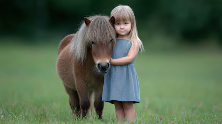 A charming scene depicting a young girl in a gray dress standing closely to a miniature pony in a green field. The moment captures the beauty of childhood and the joy of companionship in nature, radiating innocence and serenity.の素材