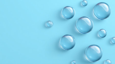 This image features transparent water droplets scattered on a light blue background, creating a serene and fresh aesthetic ideal for various designs.の素材