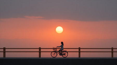 A serene scene of a person riding a bicycle during a breathtaking sunset, capturing the peace and beauty of outdoor activities by the water.の素材