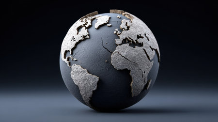 A striking depiction of a cracked earth globe featuring intricate textures against a dark background, ideal for creative projects and educational purposes.の素材