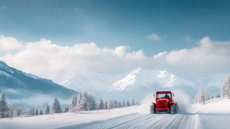 A vibrant red tractor makes its way through a serene snow-covered landscape, flanked by majestic mountains and a clear blue sky, illustrating the beauty of winter activities.の素材