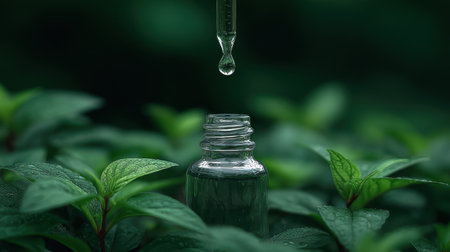 This captivating image features a glass dropper bottle poised amongst lush green leaves, with a single water droplet suspended in the air, symbolizing purity and nature's essence.の素材