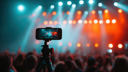 A smartphone captures a thrilling live music performance at a concert, showcasing vibrant lights and an engaged crowd, emphasizing the joy of entertainment.の素材