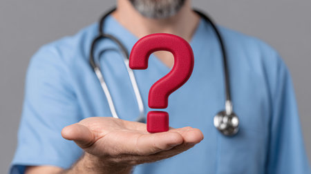 A healthcare professional holds a large red question mark in their hand, symbolizing the uncertainty and inquiry present in medical practice. This image conveys the importance of questions in healthcare and the pursuit of answers for better patient care.の素材