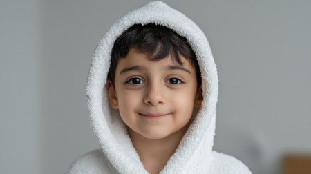 A delightful portrait of a young child wearing a soft white hoodie. The child beams a cheerful smile, radiating joy and innocence in a serene indoor setting.の素材