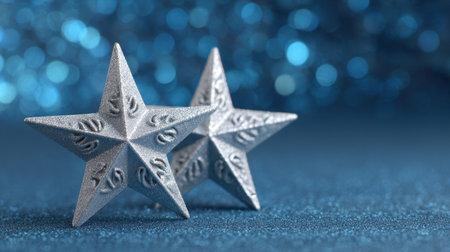 Two silver stars are elegantly placed against a shimmering blue background, creating a captivating festive ambiance perfect for celebrations.の素材