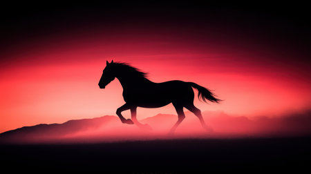 A stunning silhouette of a horse galloping against a colorful sunset, reflecting the beauty of nature and a sense of freedom amidst a tranquil landscape.の素材