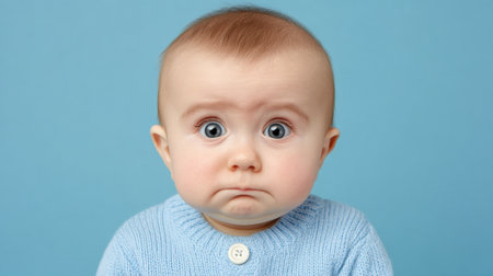 This touching portrait captures a baby displaying emotions of sadness and confusion against a soft blue background. The babyの素材