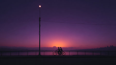 A beautifully captured moment of a couple riding a bicycle during a stunning sunset, revealing silhouettes against a colorful sky by the water's edge.の素材