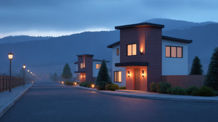 A picturesque modern suburban neighborhood captured at dusk, featuring charming houses illuminated by warm lights against a serene mountain backdrop. The tranquil atmosphere invites calmness and harmony, showcasing a perfect blend of architecture and nature.の素材