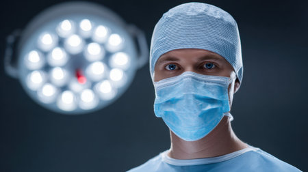 A focused medical professional dressed in scrubs and a mask stands under bright surgical lights, ready for procedures in a sterile environment.の素材