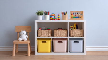 A beautifully organized playroom featuring vibrant toy storage options, a wooden chair, and art supplies, creating a fun and inviting space for children.の素材