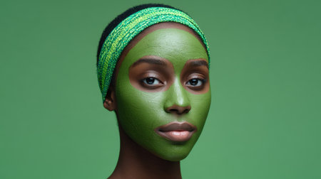 A striking portrait of a young woman wearing a green facial mask, exuding tranquility and confidence against a vibrant green background, promoting natural beauty and self-care themes.の素材
